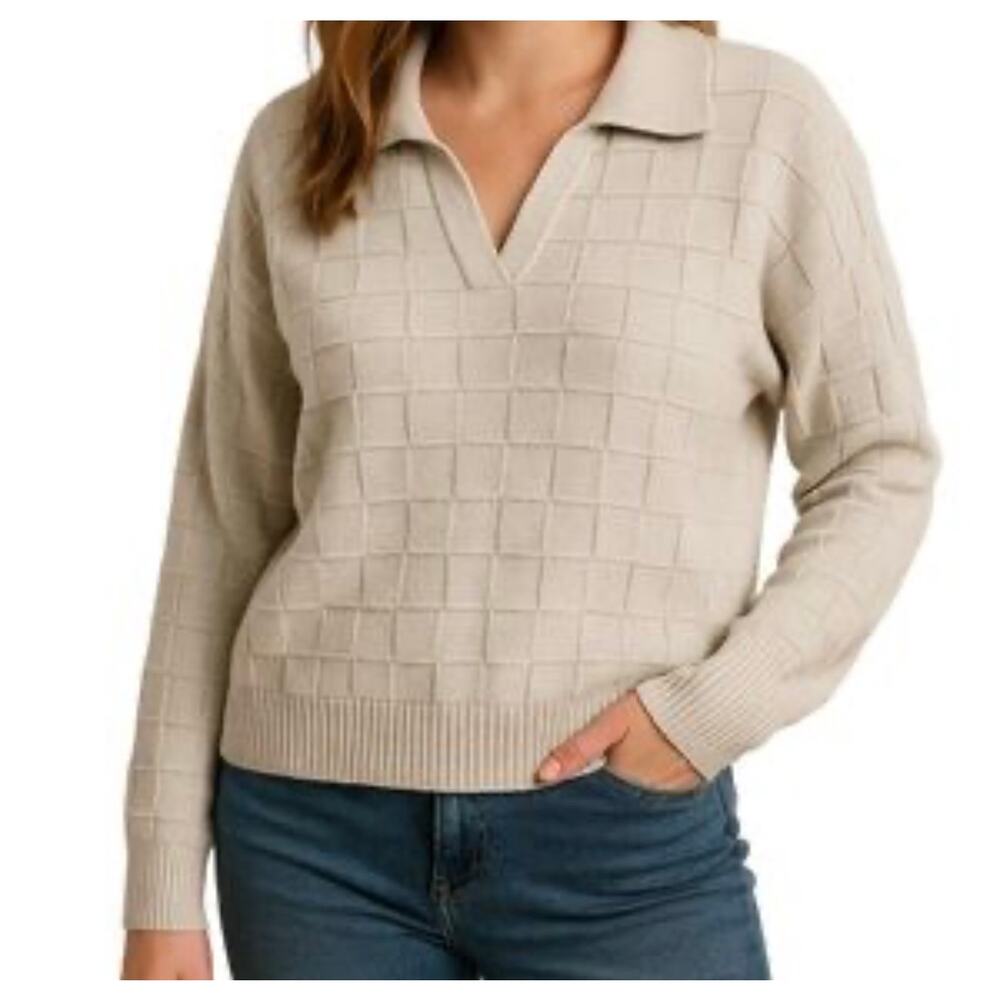 Truth by Republic Womens Sweater Size Large Oatmeal Beige Textured Collared